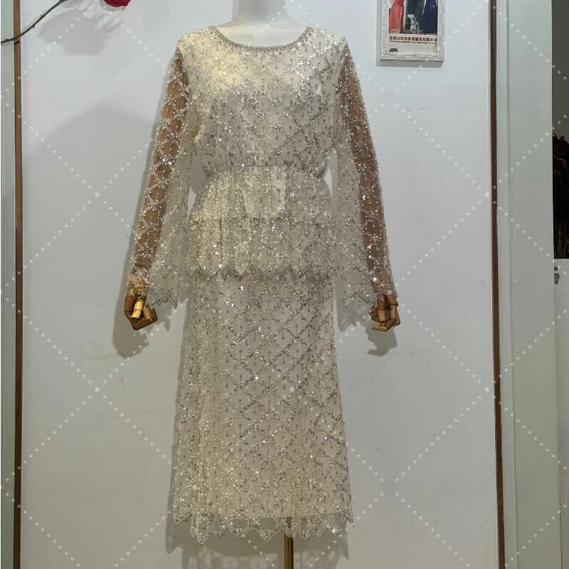 

Faionable round Ne Long Sve Sequin Mid-Length Lace f Skirt Ele Sle Women's Clothing Autumn Season New Arrival