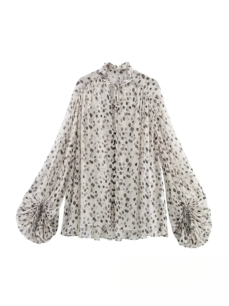KONDALA Elegante, schicke Damenbluse, gepunktet, Schnürung, V-Ausschnitt, Puffärmel, Rüschen, Hemden, Mode, 2025, Frühling, Sommer, lässige Blusen