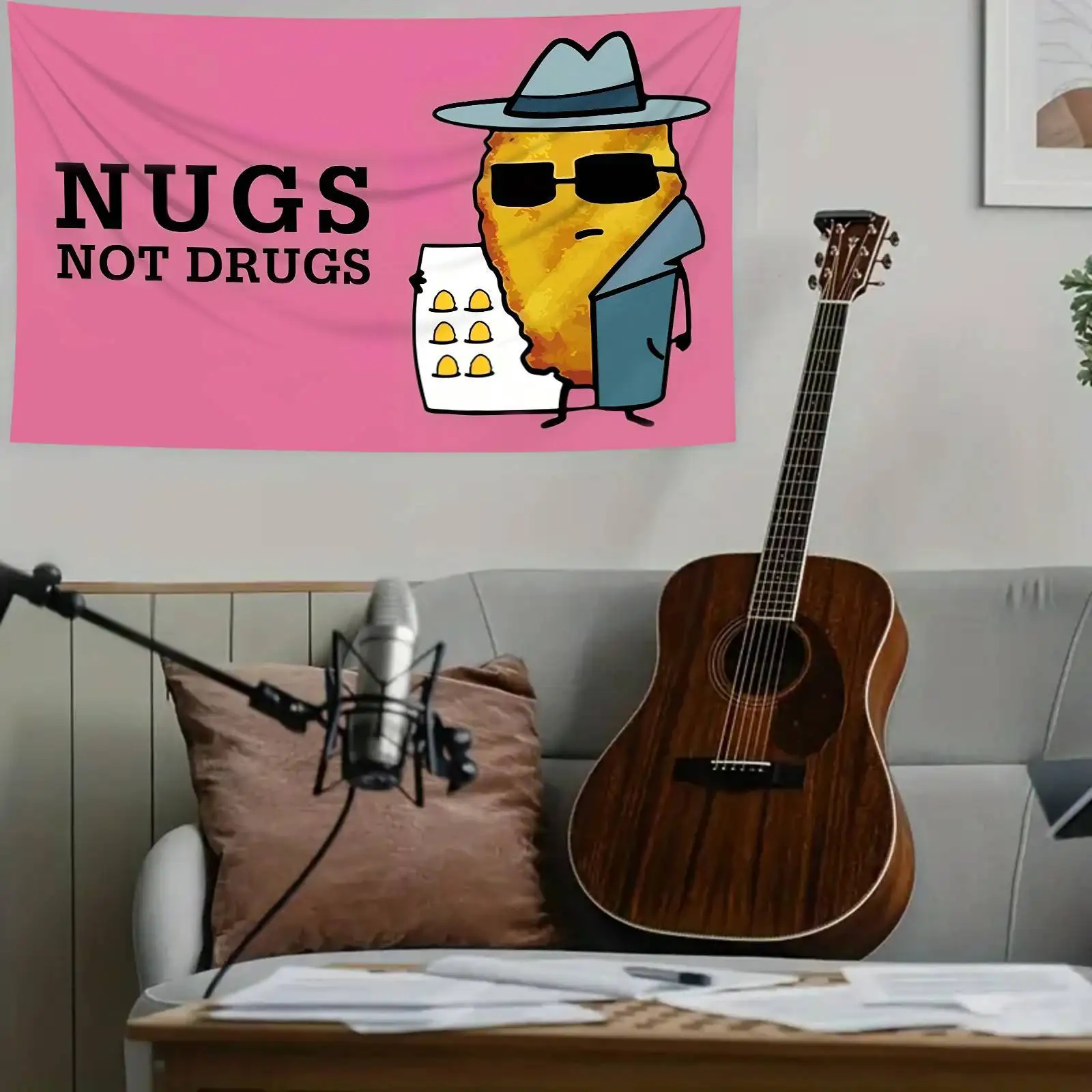 Funny Chicken Nugget Tapestry, Pink Wall Hanging with Detective Character, Meme Room Decor, Dorm Bedroom Background Cloth