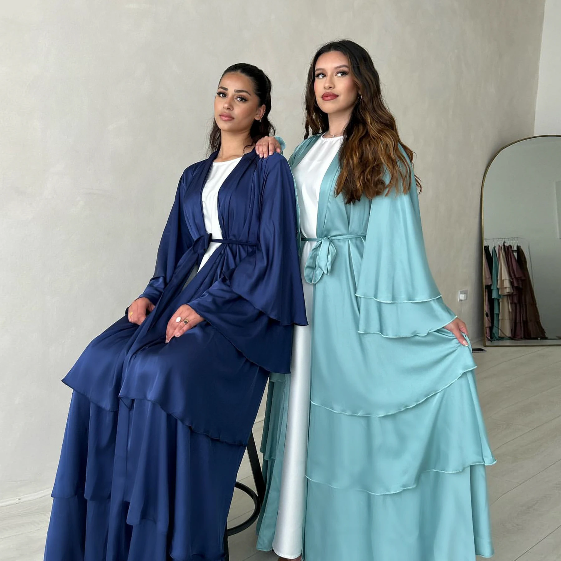 

Satin Dubai Abaya Layered Flare Sleeves 3 Layers Kimono Muslim Women Islamic Clothing Cardigan Outwear Ramadan Eid (No Scarf)