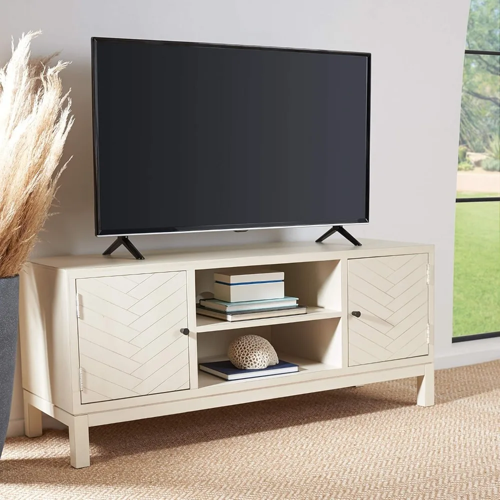 

Ajana TV Stand for up to 55 Flatscreen – Distressed White, 2 Doors with Interior Storage, 2 Open Shelves, Entertainment