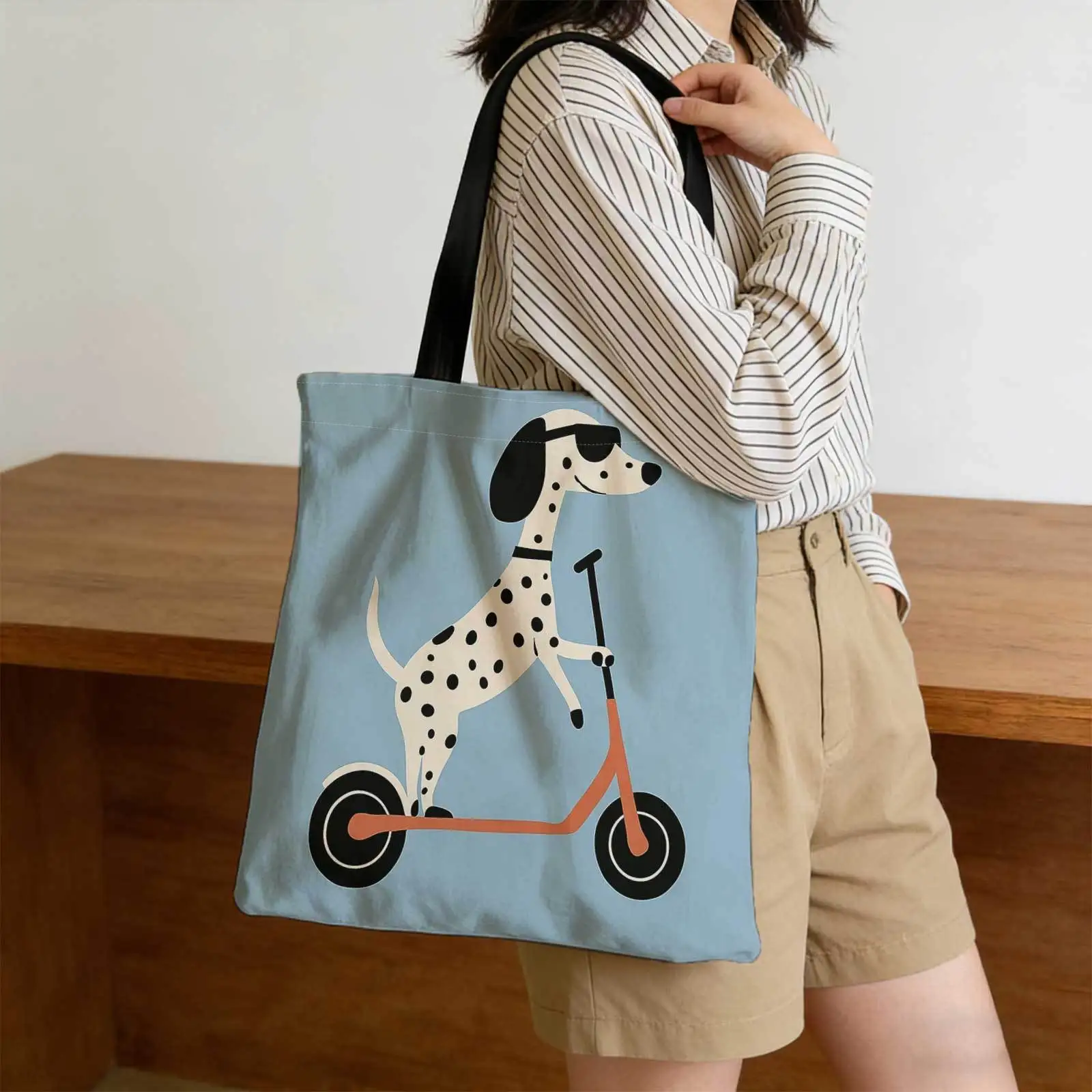 1pc Fashionable Valentine's Dog with Fashion Glasses Print Polyester Tote Bag Reusable Grocery Bags for Shopping Easy Access