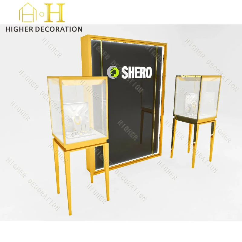 custom.Customized Jewelry Showcase Layout Including Rotating Stands and Wall Mounted Display Cabinets
