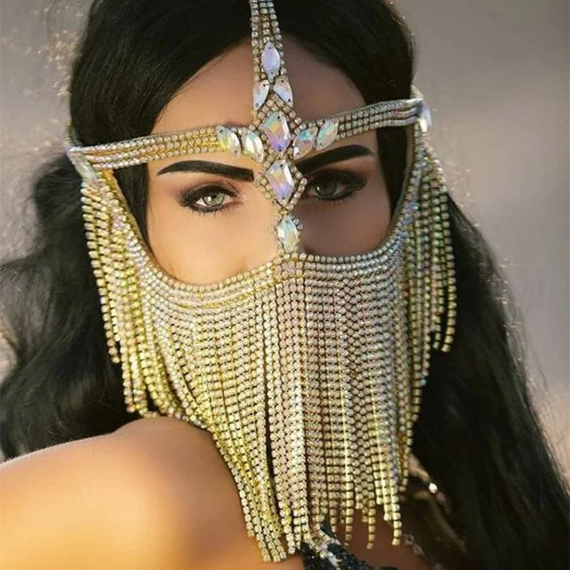 Halloween Belly Dance Masquerade Headchain Mask Lady Cosplay Nightclub Jewelry Rhinestone Veil Halloween Dance Play Accessories