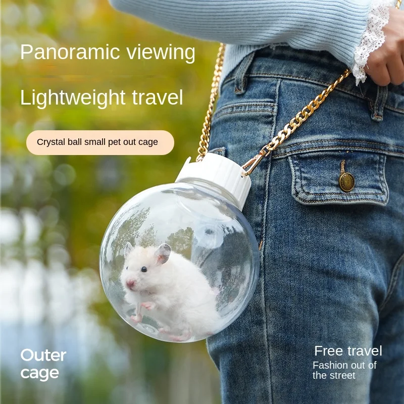 Portador de mascota esférico transparente con correas doradas y blancas, portador de viaje portátil transpirable para exteriores para hámster, conejillo de indias Rept