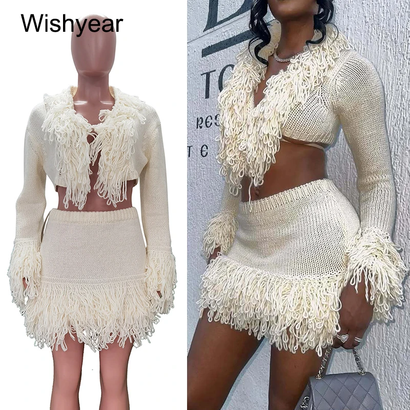 

White Knitting Sexy Two Piece Set for Women Tassels Patchwork Long Sleeve Crop Top And Bodycon Skirt Night Club Fashion Suits