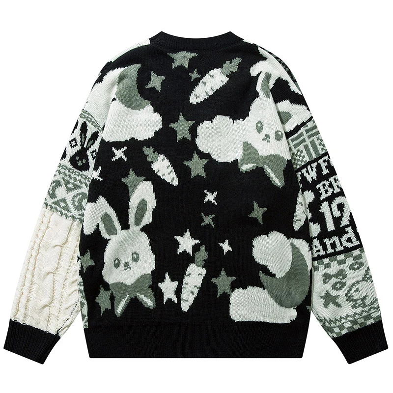 Harajuku Retro Cute Rabbit Knitted Sweater Men Women Cartoon New Year Pullovers 2022 Autumn Streetwear Cotton Knitted Sweater