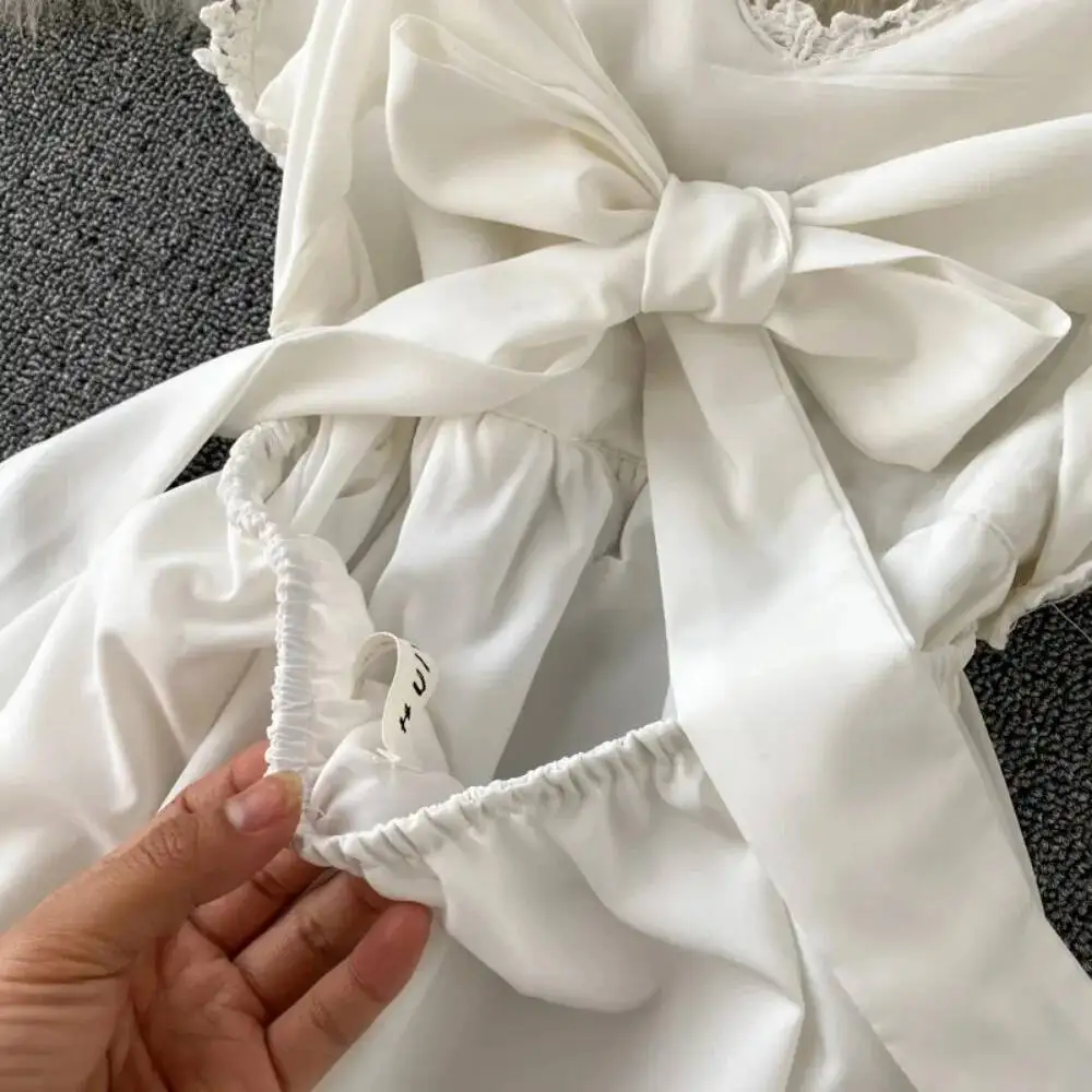 Chic Sexy Backless Bandage Crochet Ruffle Slip Dress Fairy Casual A-line Dress Vestido Summer Beach Vacation Women Boho Sundress