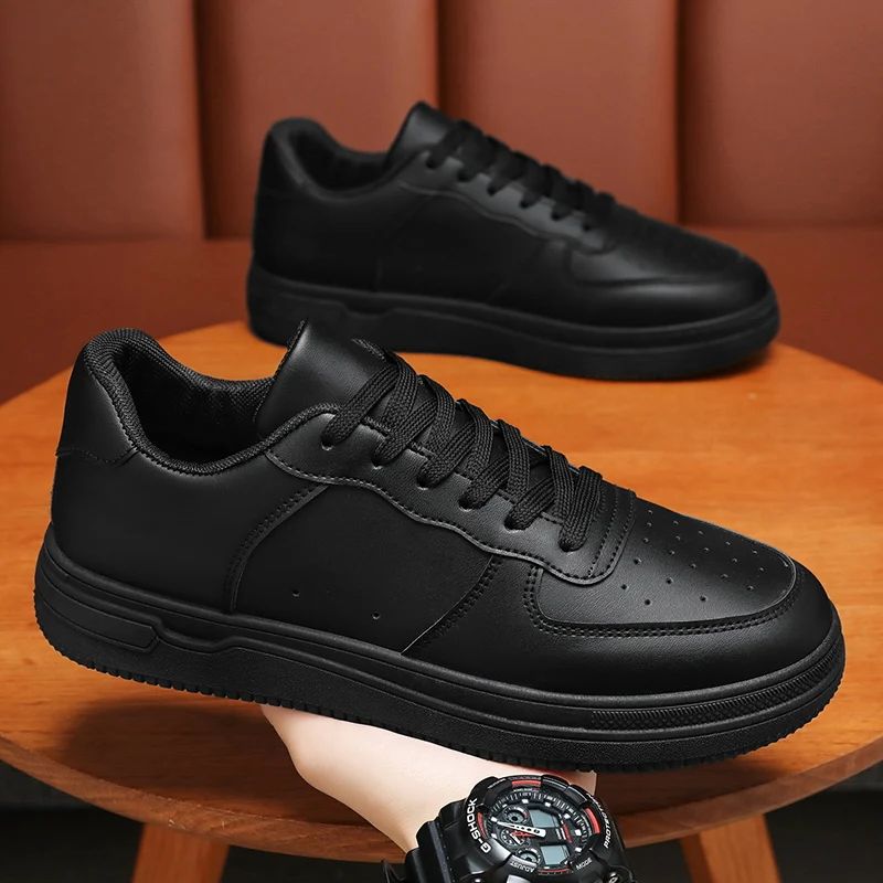 

Men Outdoor Leather Shoes Flat Classic Black Sports Shoes Lace up Skateboard Board Shoe Walking White Leisure Running Sneakers