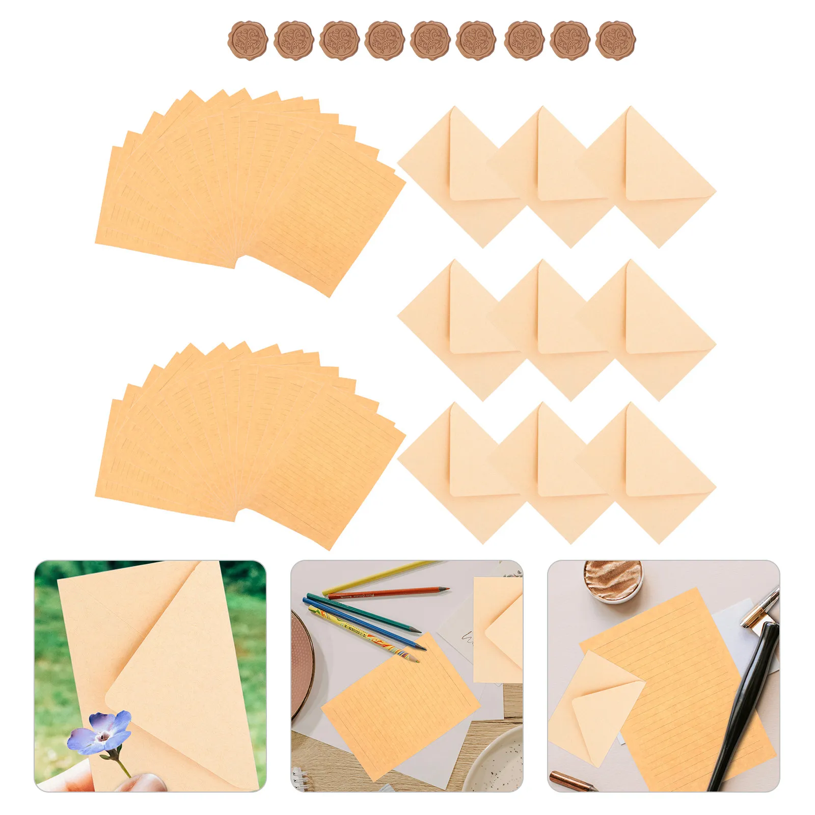 

1Set Vintage-Inspired Stationery Set Smooth Lined Writing Paper Sturdy Kraft Envelopes Wax Seal Stamp for Romantic Letters