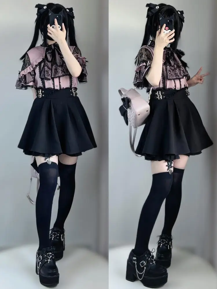 Mine Style Mass Production Japanese Sweet Lace Bow Off-the-Shoulder Short Sleeve Shirt Blouses High-Waisted Pantskirt Outfits