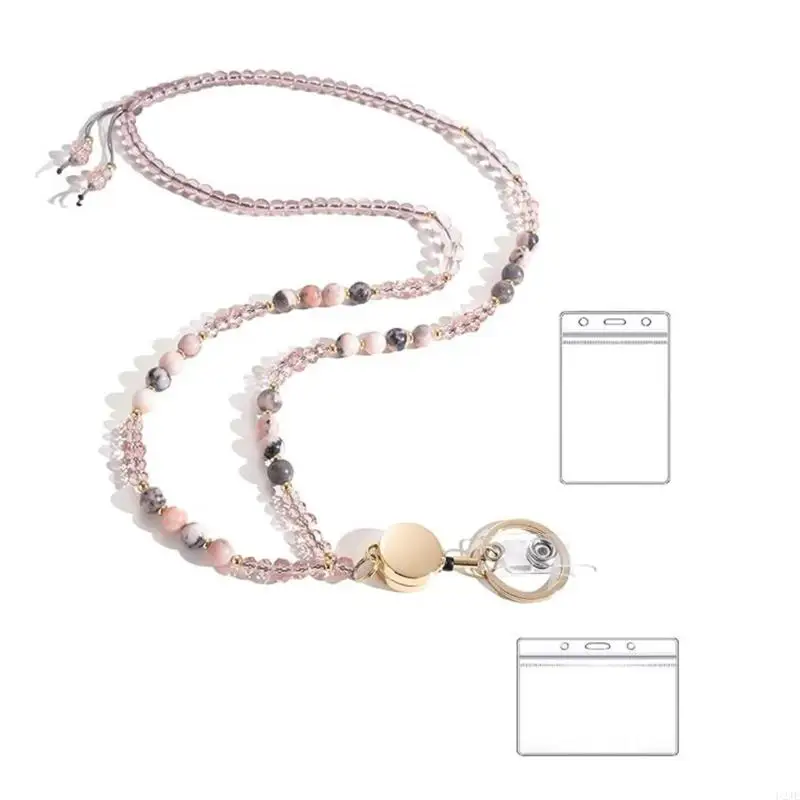 U2JE Retractable Lanyard Natural Stone Lanyard Untuk Kunci Dan Lencana Dapat Ditarik Manik -manik Batu Alam Lanyard Untuk