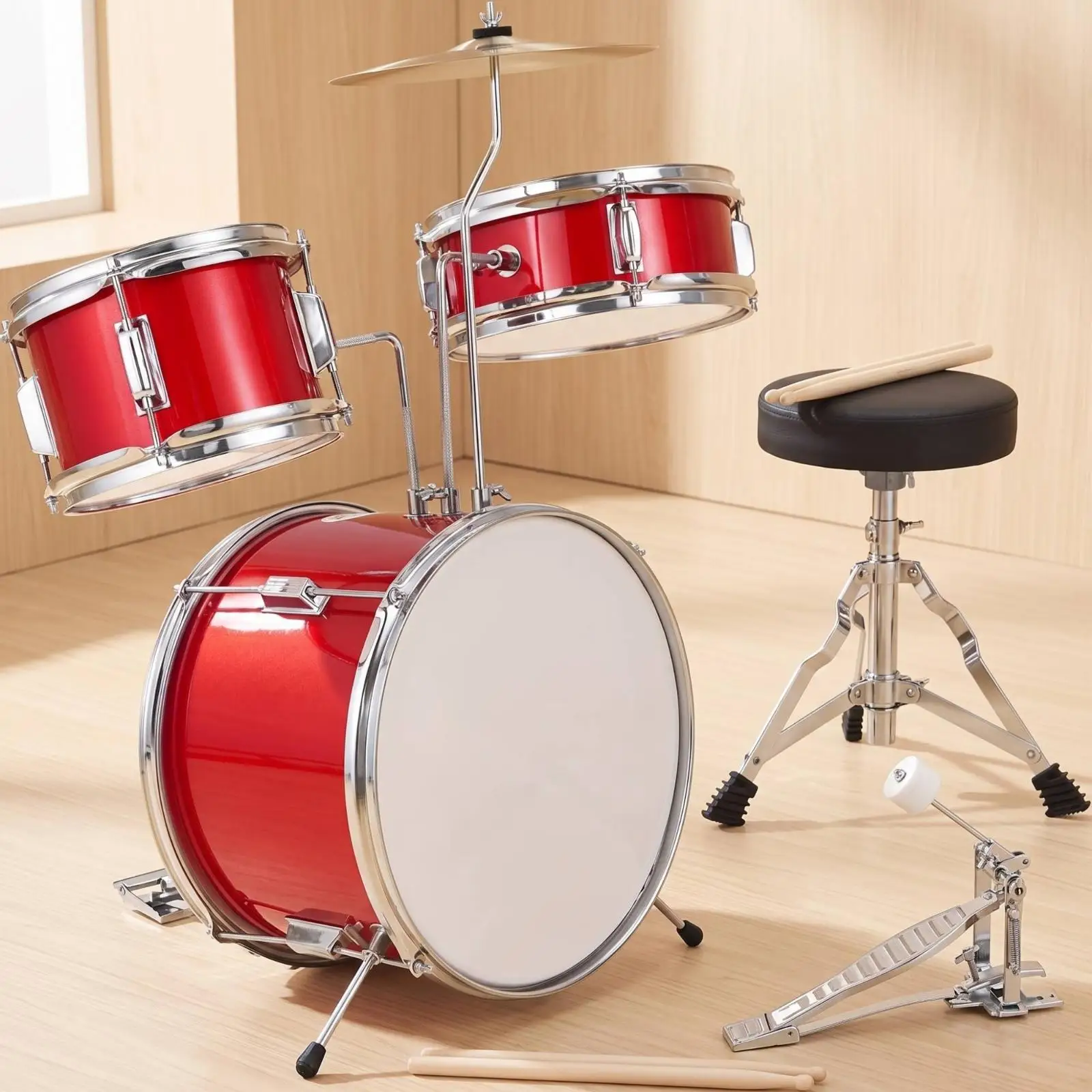 Beginner Drum Set Easy to Assemble Junior Drum Kit High-Gloss for Playroom, Kids