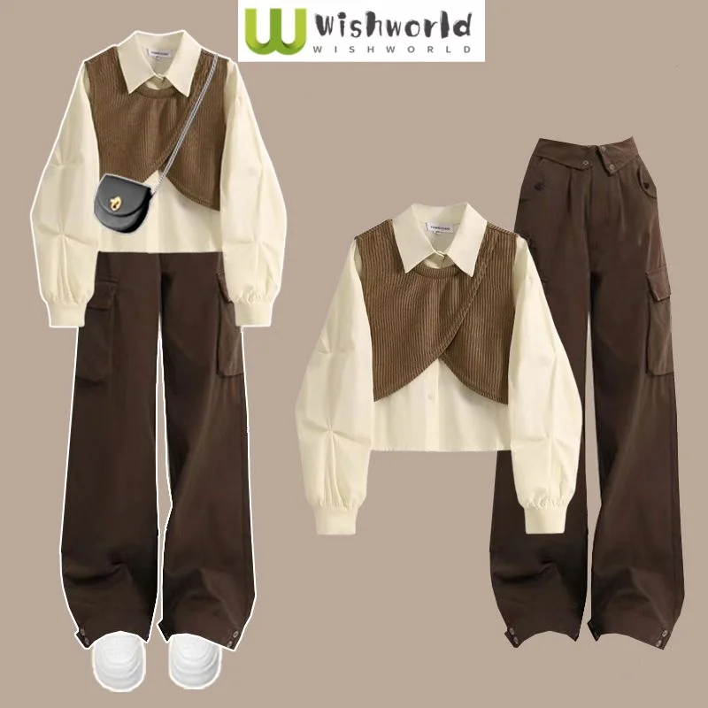 Autumn New Patchwork Chiffon Shirt Workwear Wide Leg Pants Two-piece Elegant Women's Pants Set