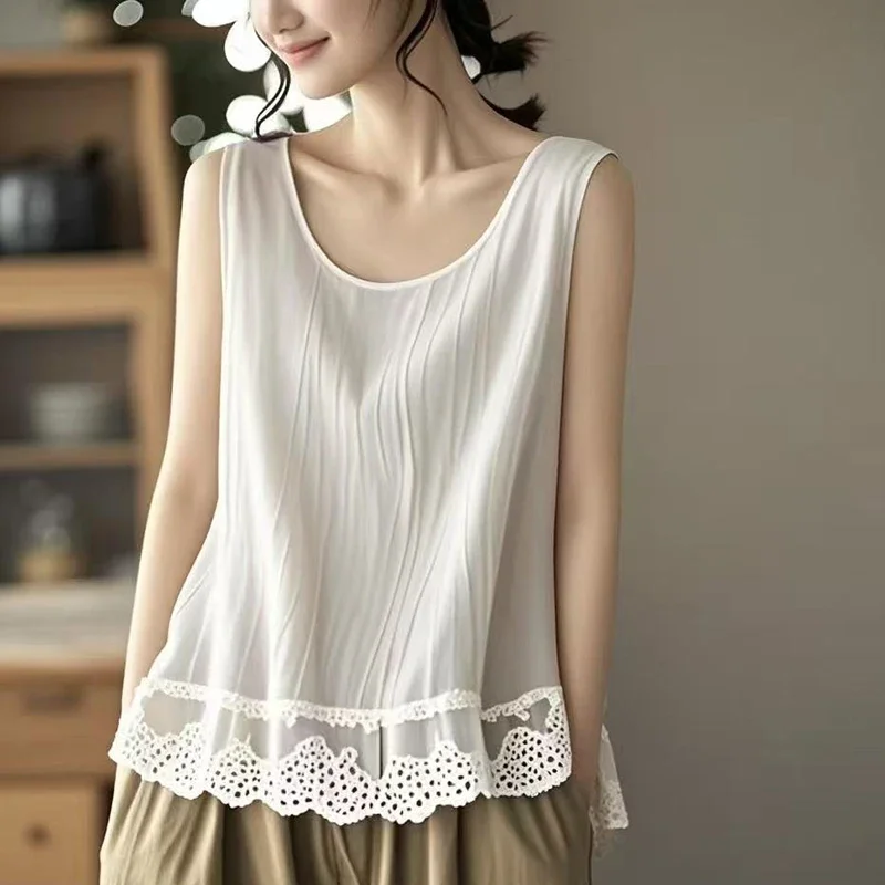 

Fashion O-Neck Spliced Ruffles Lace T-Shirt Women's Clothing New Casual Pullovers Sleeveless Office Lady Tee Shirt XQ137