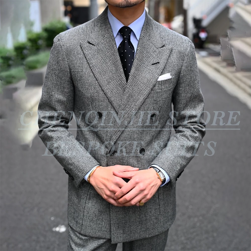 

Classic Men's 2 Piece Suits Elegant Glen Plaid Lining Blazer High Quality Double Breasted Peak Lapel Jacket Pants Sets Costume