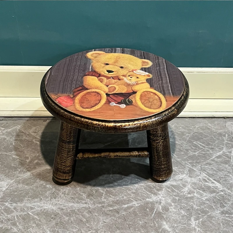 American Country Wooden Stool Cute Cartoon Children's Chair Household Round Low Stool Retro Art
