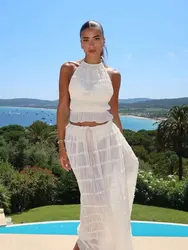 HH Women's Summer Fashion Pleated Top Sexy Backless Halter Sling+Elegant Pleated Casual Ankle Length Long Skirt 2 Piece Set
