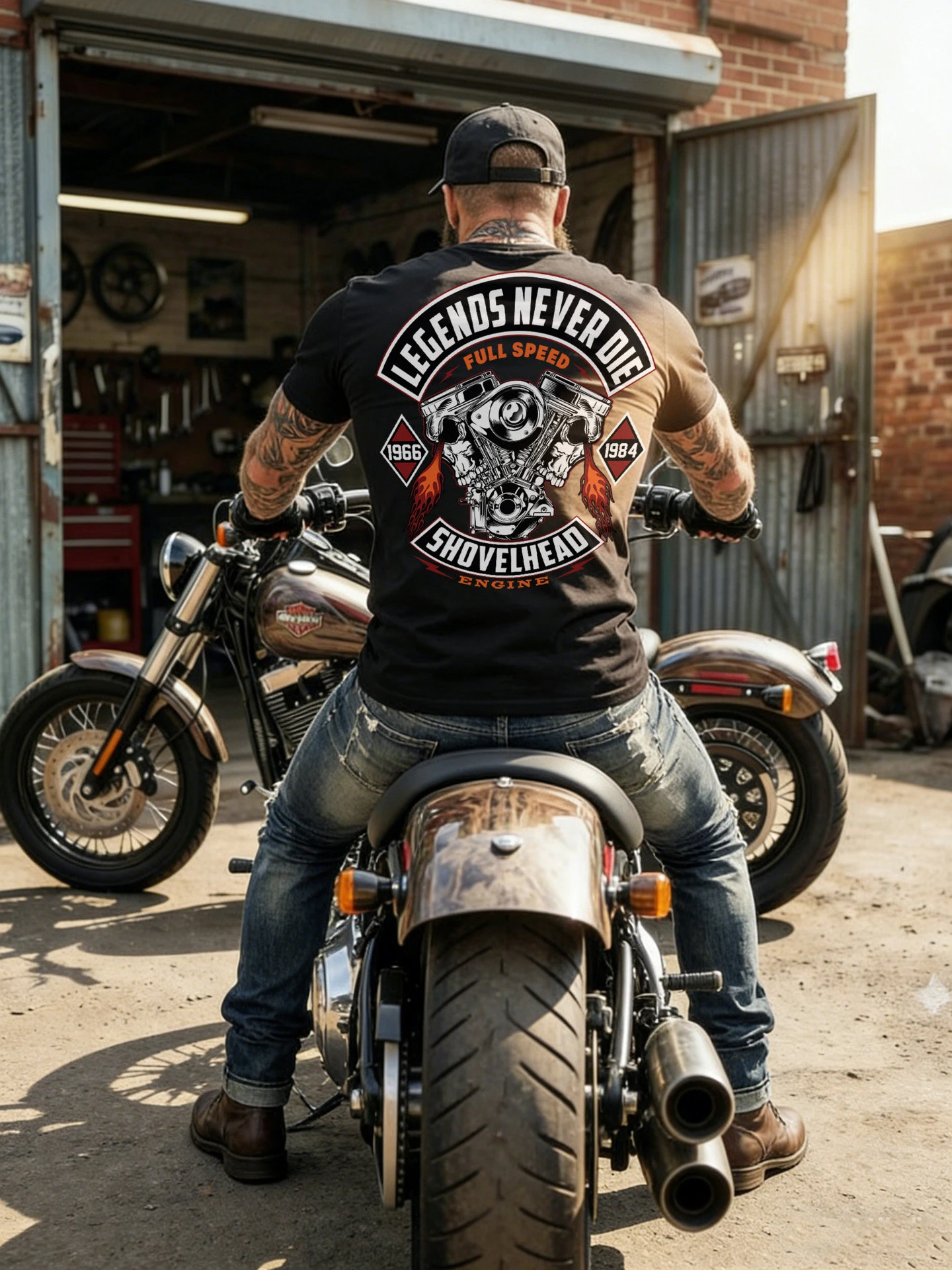 American Street Fashion Trend Skull-head Motorcycle Engine Printed Short-sleeved T-shirt for Men Cotton Heavy Weight