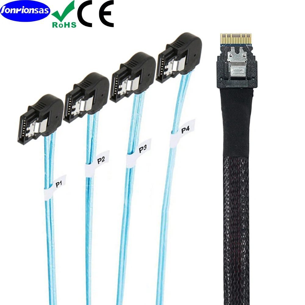 PCI-E Ultraport Slimline SAS 4.0 38pin SFF-8654 4i ke 4X SATA 7P kabel sudut kiri wanita