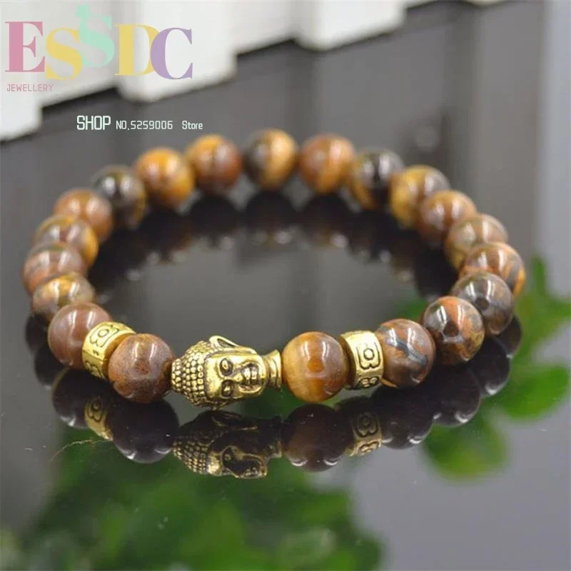 8mm Natural Tiger Eye  Cool Men's Energy Stone Wrap  Buddha Head Charm Bracelets DIY Gift Wholesale
