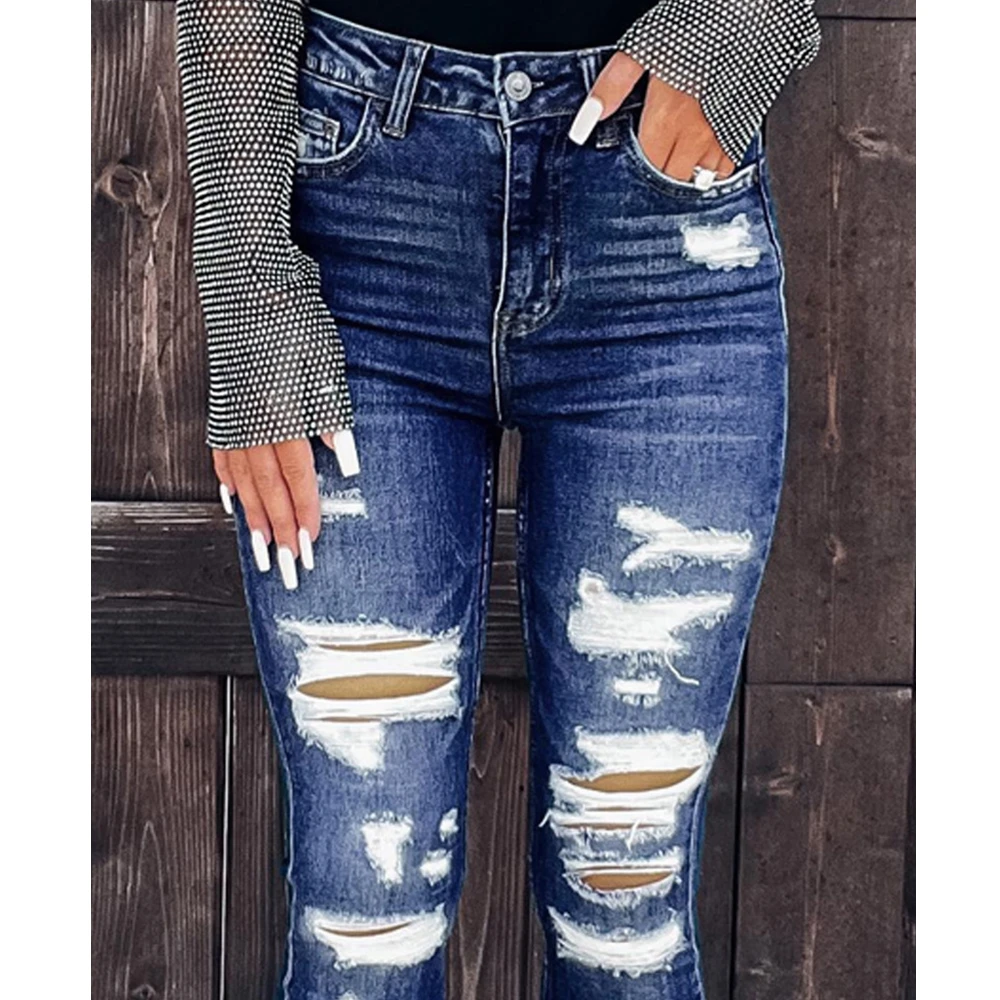 Jeans Women Ripped Washed Hole Blue Casual Ripped Jeans High Waist Skinny Summer Denim Trousers Pencil Pants