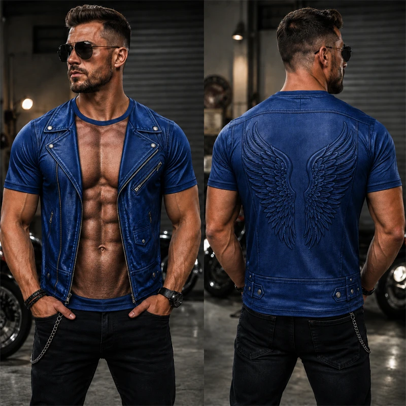 Men Creative 3D Fake Abdomen Print T‑Shirt Wing Muscle Pattern Short Sleeve Tees Punk Biker Streetwear Casual Cool Fashion Tops