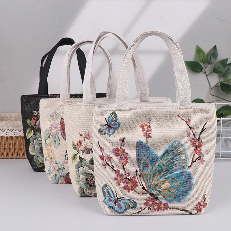 Embroidery Canvas Bag Cute Butterfly Rabbit Peony Tote Bag Small Shoulder Traveling Pouch Handbag Grocery Storage Bag