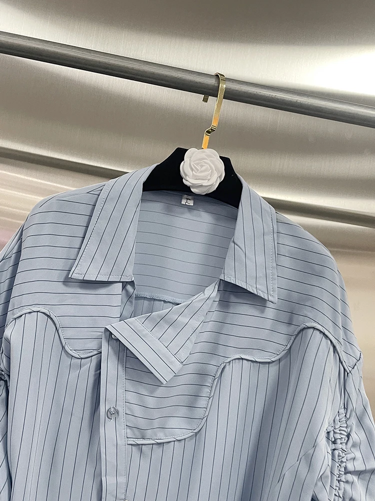 VGH Autumn Irregular Striped Womem\'s Shirt Laple Long Sleeve Patchwork Drawstring Loose Blouses Female Korean Style Fashion New