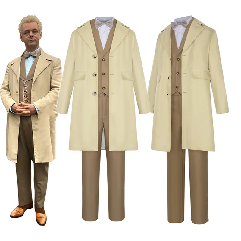 

Adult Aziraphale Angel Cosplay Overcoat Suit Men Good Omens Costume Jacket Pants Vest with Bowtie Halloween Uniform