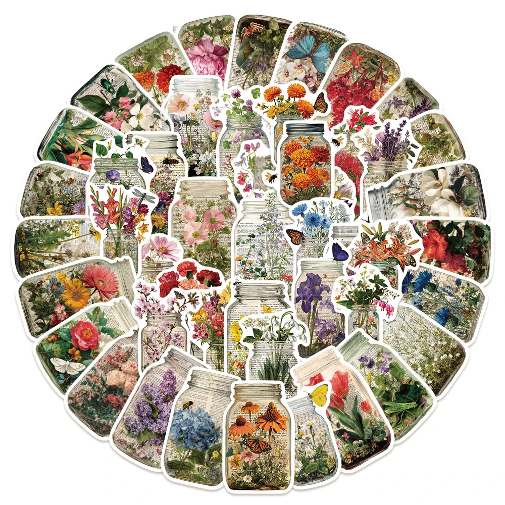 

10/30/50pcs INS Style Flower Bottles Stickers Vintage Graffiti Stationery Phone Case Retro Artsy Aesthetic Decoration Decals Toy