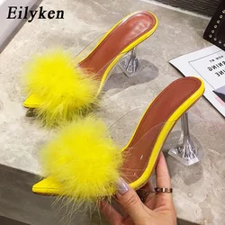 Eilyken 2026 New PVC Transparent Feather High Heels Fur Slippers Woman Peep Toe Mules Lady Pumps Slides White Shoes