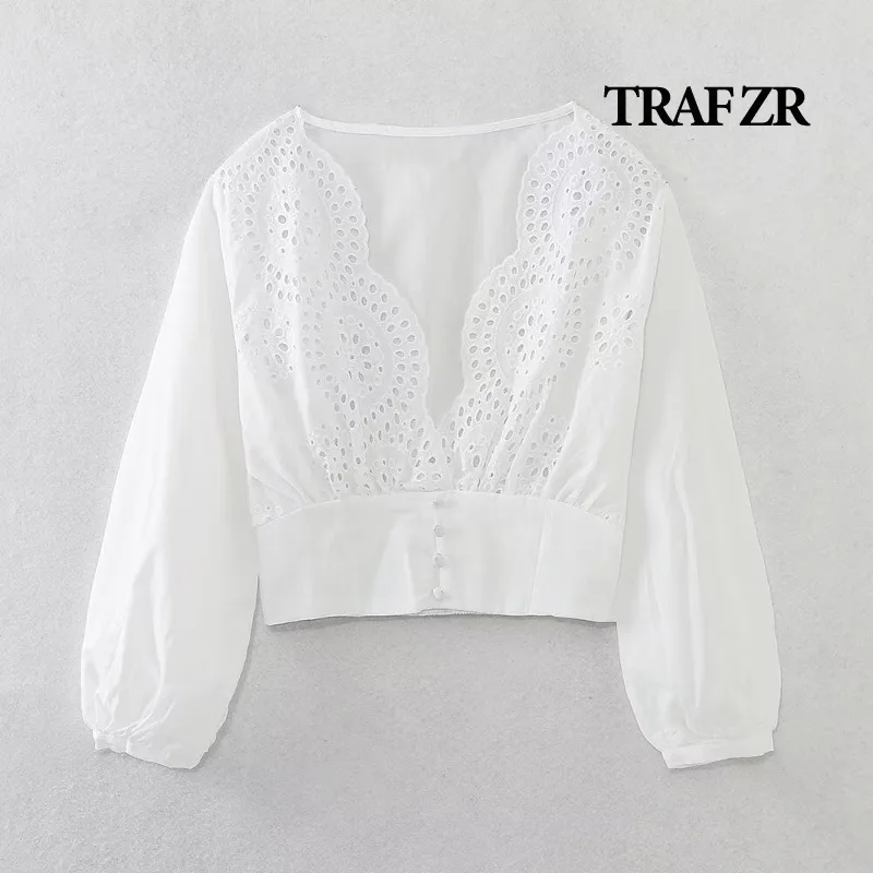 TRAF ZR Elegant Blouses for Women 2024 Deep V-neck Cotton White Embroidery Feminine Blouse Summer Long Sleeve Women's Shirts