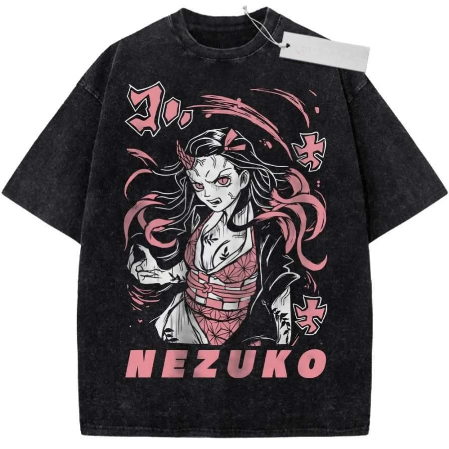 

Unisex Washed Black Vintage T-shirt Demon Slayer Nezuko Kamado High-quality Fabric for Home Leisure Travel Shopping