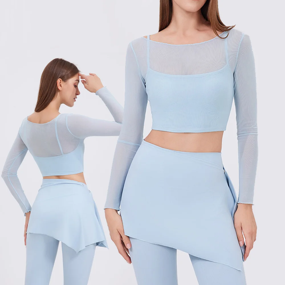 

Женский комплект из 2 предметов для фитнеса и йоги, однотонный дышащий быстросохнущий костюм для бега 2 в 1, рубашка с длинными рукавами, леггинсы, спортивная одежда 2914