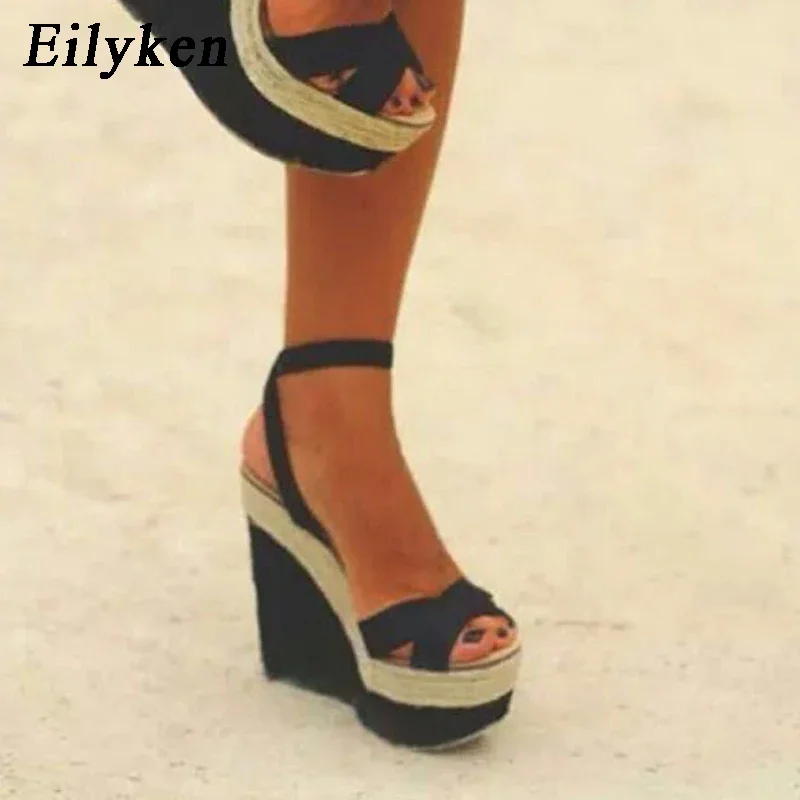 Eilyken Fashion Open Toe Wedges Platform Women Sandals Designer Hollow Out Buckle Strap High Heels Summer Shoes