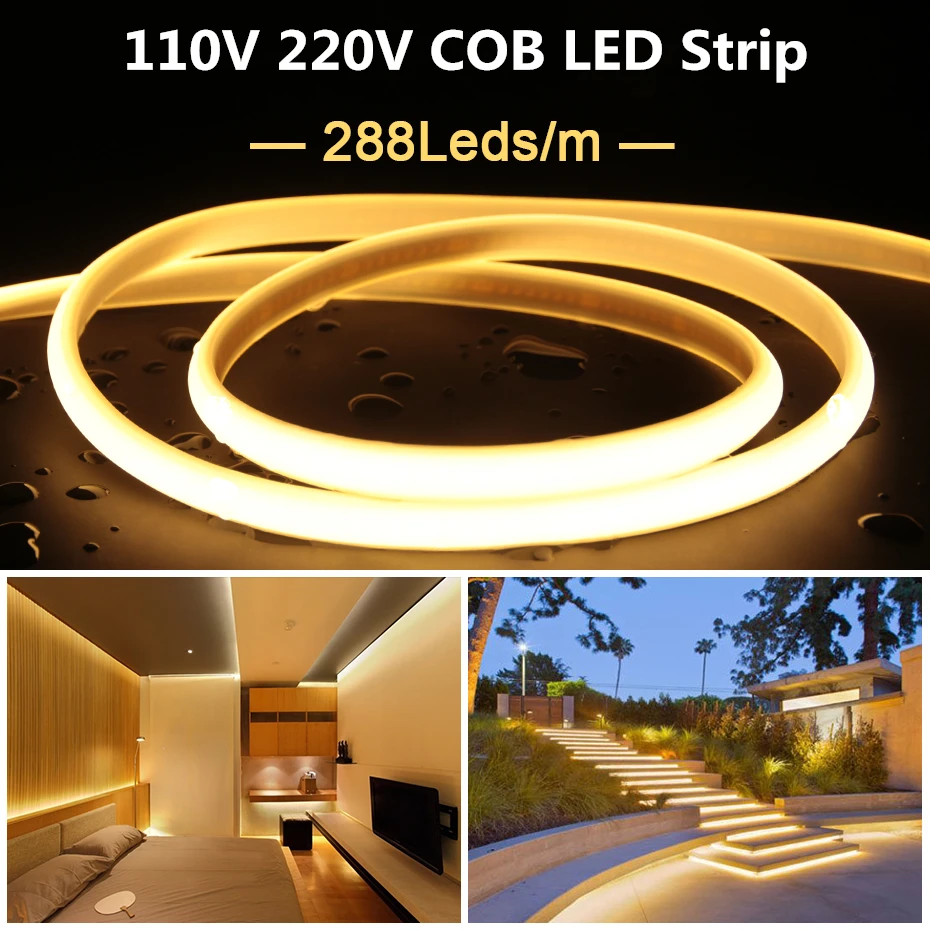 10m 20m 30m 50m Waterproof 220V LED COB Strip Light EU Power Plug 288leds/m COB Neon Light For Outdoor Indoor Decor Lighting