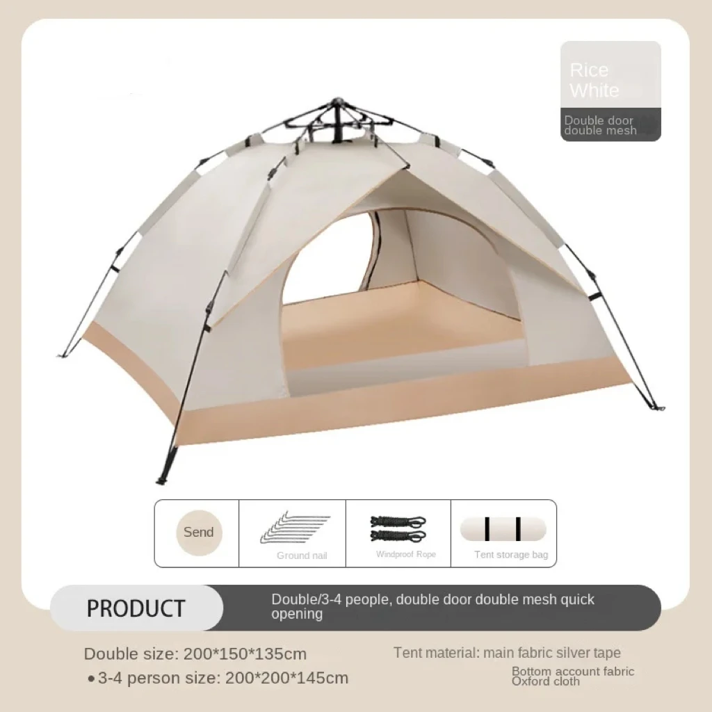 Camping Tent 3-4 Person 4-Season Waterproof Windproof Sunscreen Oxford Fabric Quick Opening Folding Portable Picnic Tent with Ca