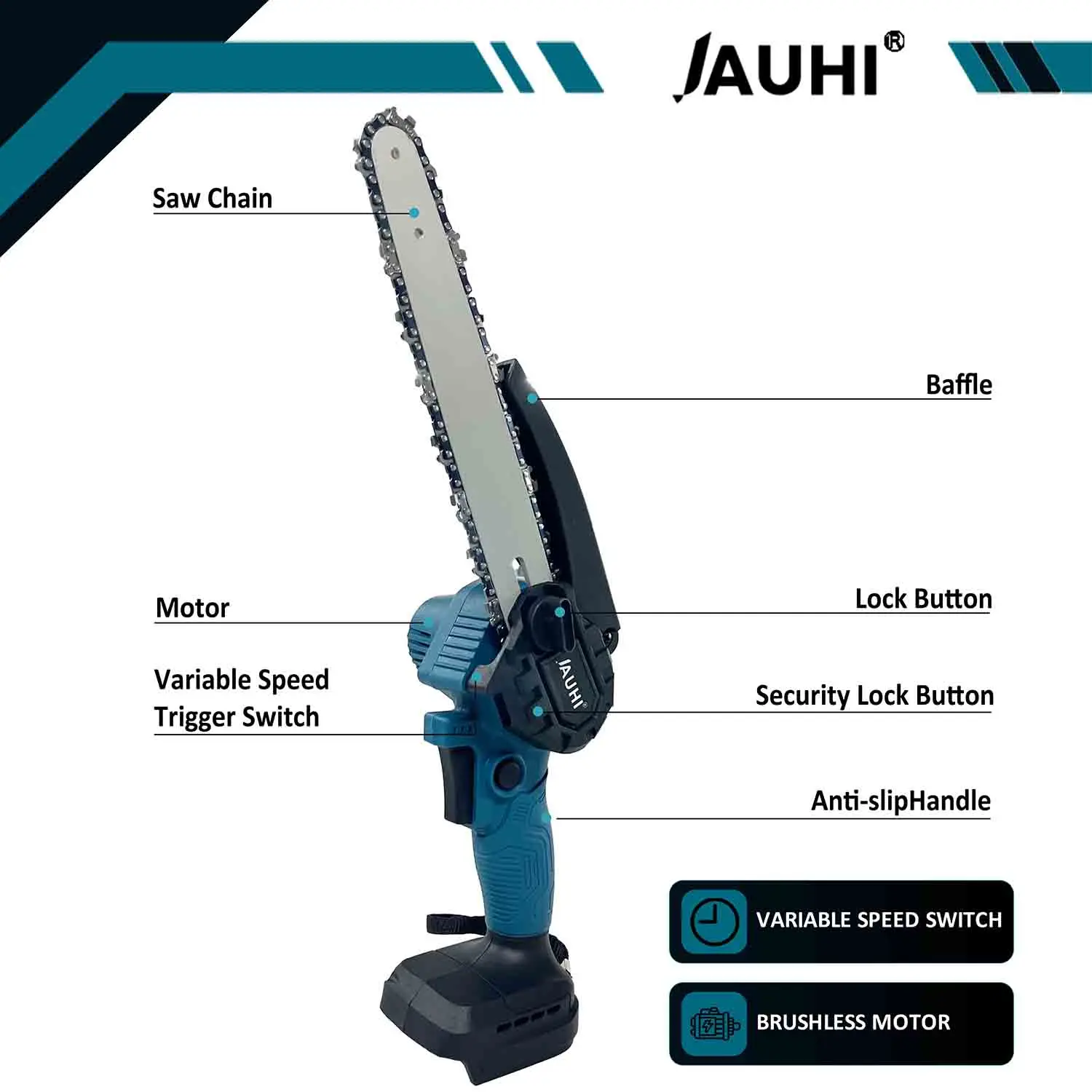 JAUHI 8 Inch Brushless Electric Chain Saw 18V Mini Chainsaw Wood Cutter Pruning Garden Power Tools For Makita 18V Battery