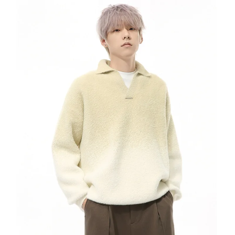 Korean Style Men Sweaters Turn-down Collar Gradient Color Casual Tops Knitting Loose Pullover Male Knits New 2024 Autumn