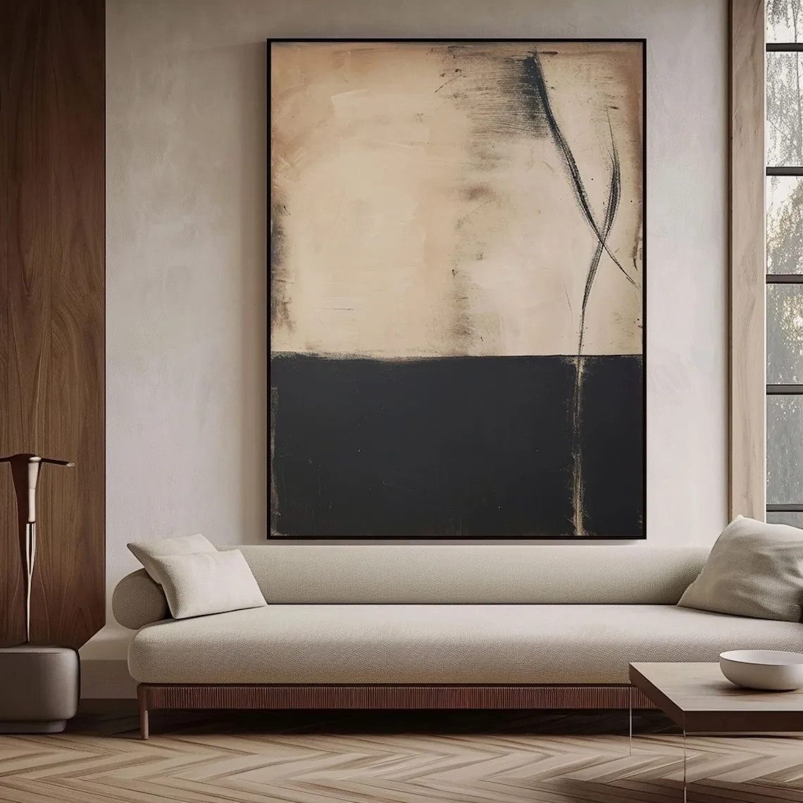 Mhemyo بيج Wabi-Sabi جدار الفن أسود بيج مجردة رسمت باليد اللوحة القرون الوسطى الملمس اللوحة السوداء الحد الأدنى جدار ديكور