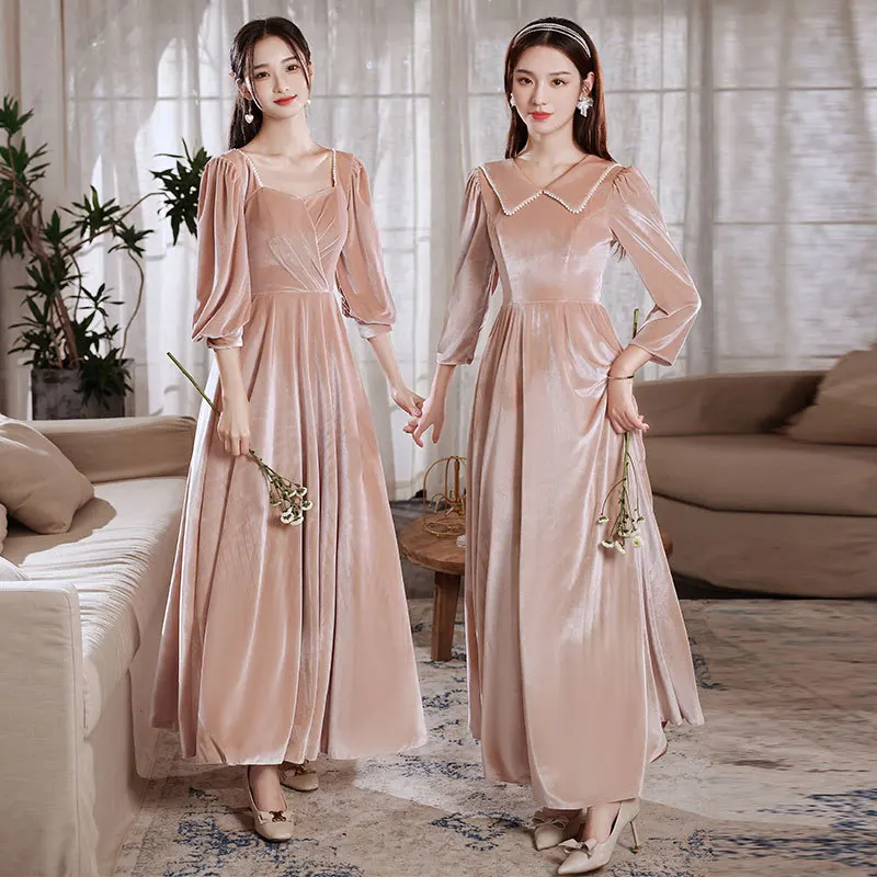 

Pink Corduroy Bridesmaid Dresses For Women New Autumn Winter Long Sleeve Girl Birthday Prom Evening Dress Sisters Group Dresses