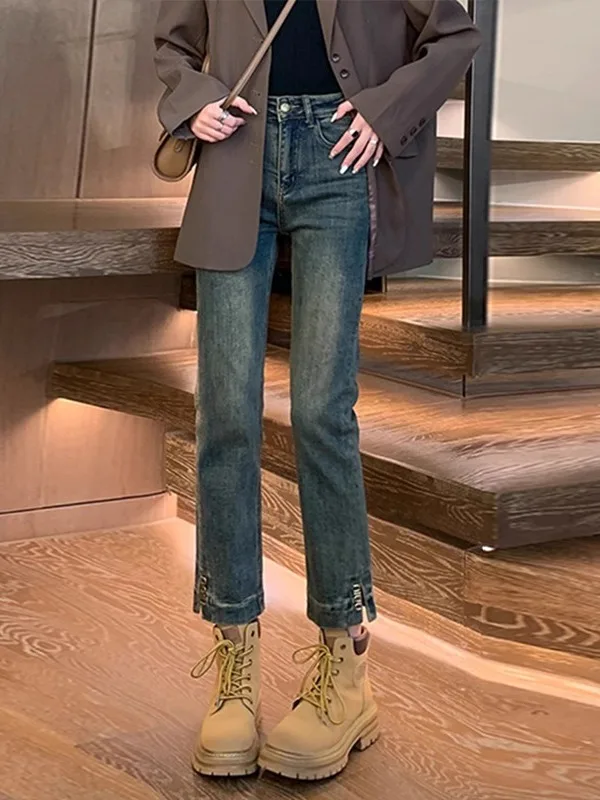 

High Waist Slit Denim Jeans Women's Summer Thin plus Size Small Height Straight Tube Pants Cool Feeling Wide Leg Long Pants