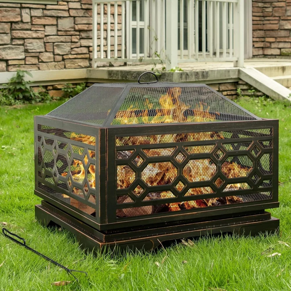 

26 Inch Wood Burning Firepit for Outside with Mesh Cover & Fire Poker, Large Square Metal Fireplace for Patio
