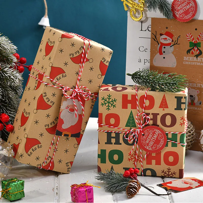 Christmas Snowman Bells Tree Patterned Kraft Gift Wrapping Paper Vintage Style