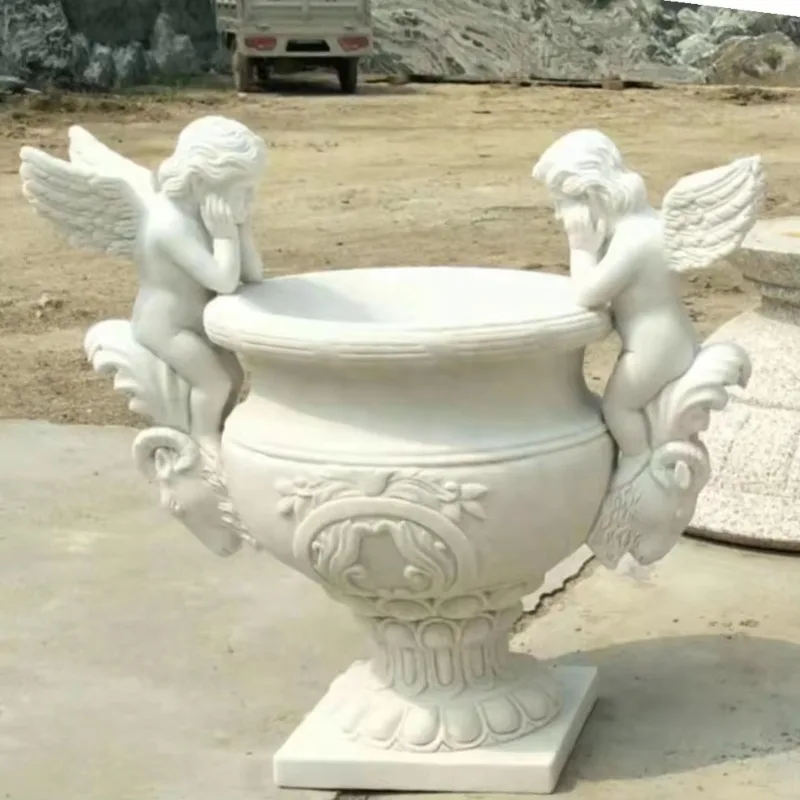 Customized Luxury Stone Carving Granite Natural White Marble Flowerpot With Statue