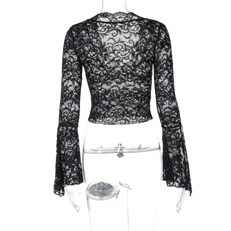 2026 frühling Sommer Langarm Crop Tops Frauen Club Durchsichtig Spitze Bodycon Schwarz Y2K T-Shirt Weibliche V-ausschnitt Kurze T-shirt Tops – Detail 23