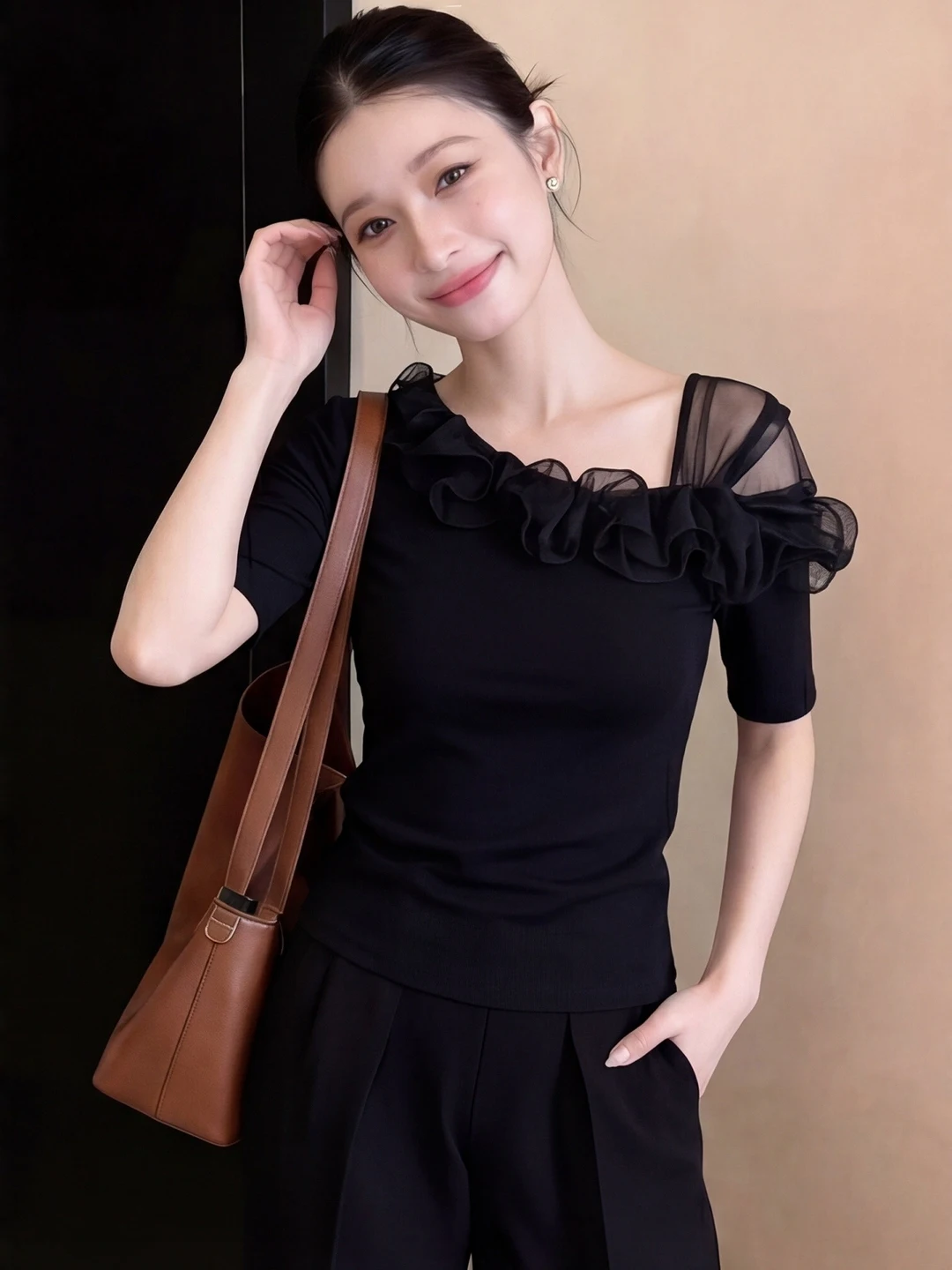 Black Lace Trim Short Sleeve T-Shirt Women's Summer plus Size Design Sensation Casual Wear Commute Style Creative Pattern