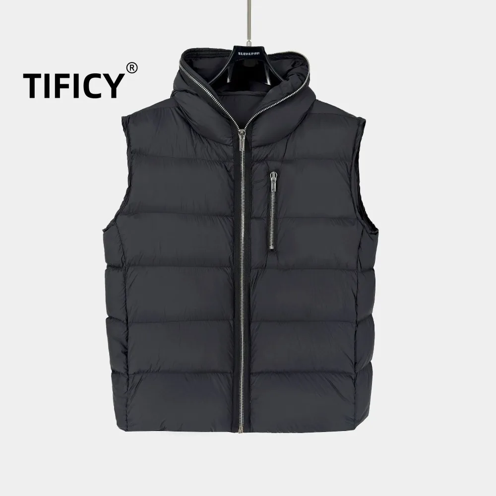 

RO Down Vests Jacket Men's Autumn and Winter Dark Style Down Hooded Zipper Down Jacket Warm Big Hat Vest Jacket