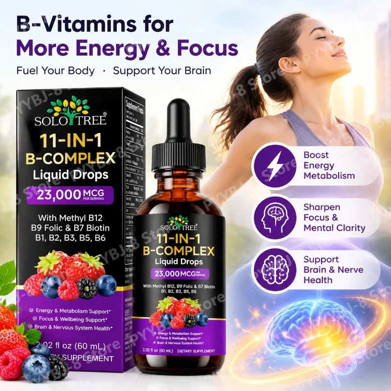 11-in-1 Vitamin B Complex Liquid Drops, Support Energy Metabolism & Focus, Brain & Nerve Health, Methyl B12 Biotin Folate,60mL